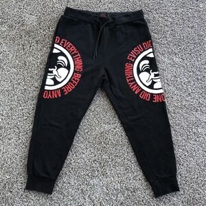 Evisu Heritage Jogger Pants Mens Size Large Black Front Logo Sweatpants Trousers